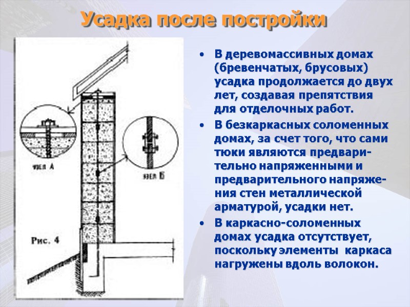 Усадка после постройки В деревомассивных домах (бревенчатых, брусовых) усадка продолжается до двух лет, создавая